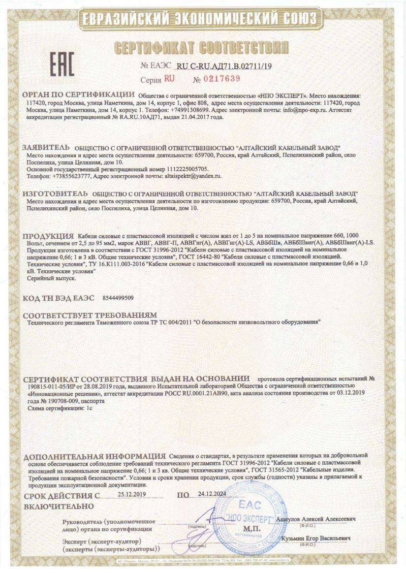 Кабели силовые с пластмассовой изоляцией